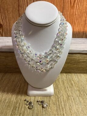 Vintage Crystal Aurora Borealis Triple-Strand Necklace and clip Earrings Set